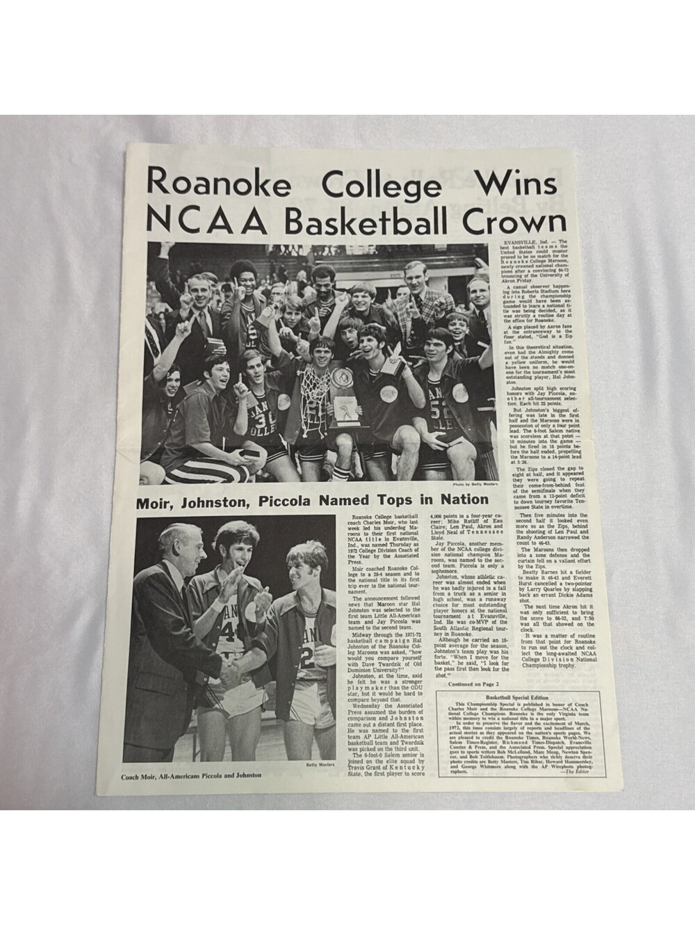 Roanoke College NCAA Basketball Crown April 1972 Roanoke College Bulletin Salem